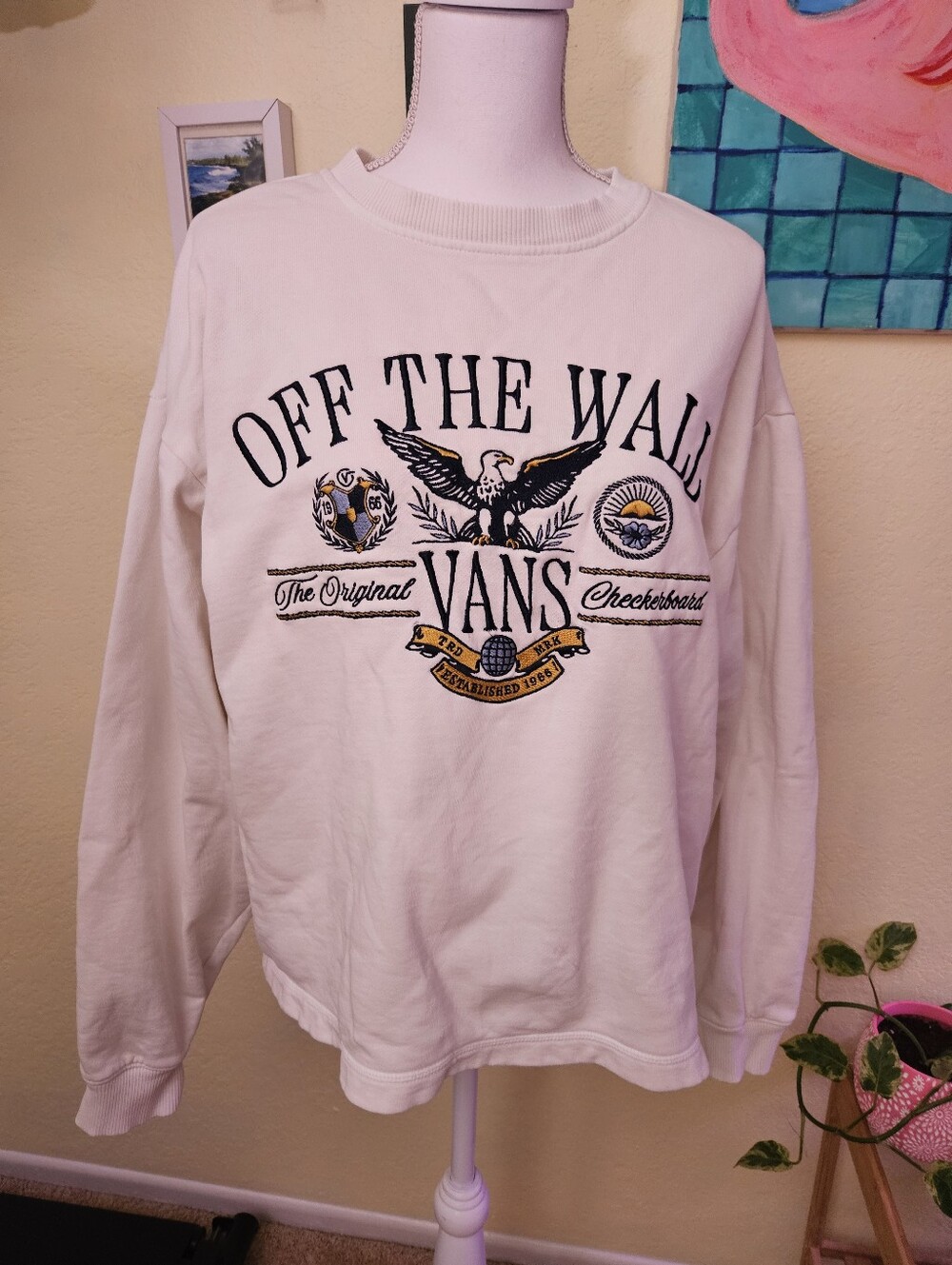 Vans White 'Off The Wall' Crewneck with Black & Gold Graphic Sz S See Desc.